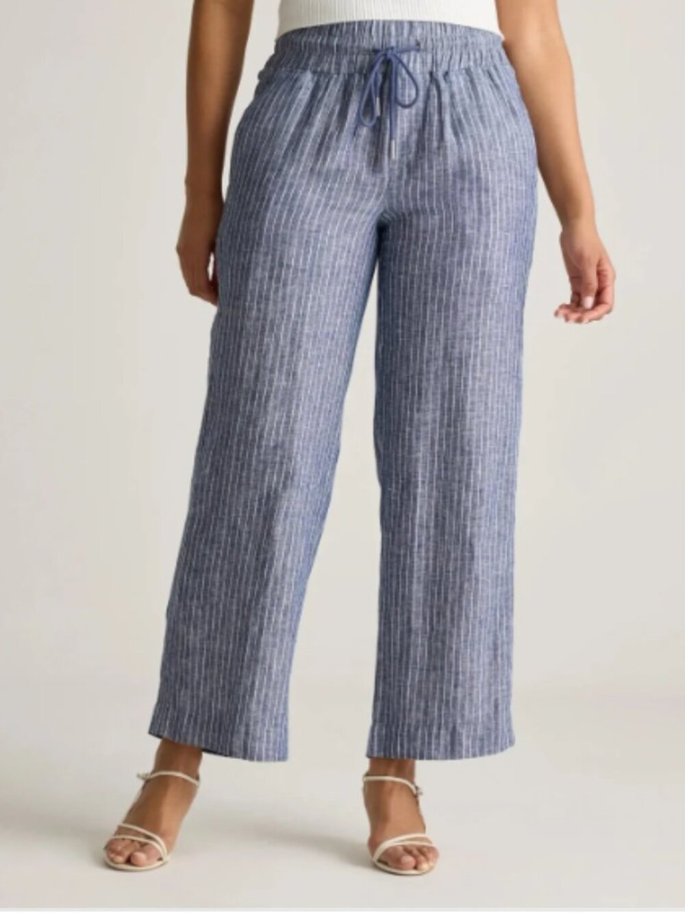Quince XL 100% linen blue Pinstripe  Drawstring jogger beach Pants wide leg